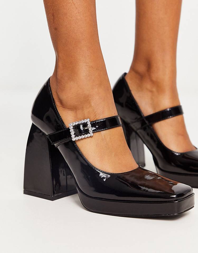RAID Maya block heel mary janes with embellished buckle in black patent